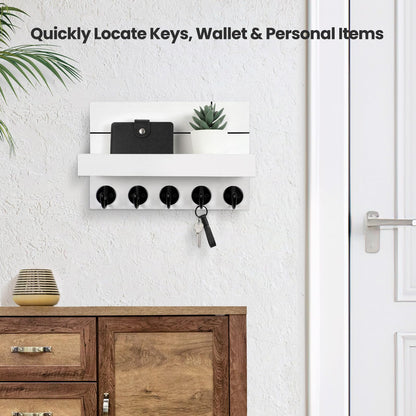 Lwenki Wall Mounted Key Holder - 9.8" x 6.7" x 4.2" Decorative Wall Shelf with Hooks Holds Key Rings, Dog Leash, Wallet, Purse - Real Paulownia Wood Entryway Shelf for Rustic Farmhouse Decor (White)