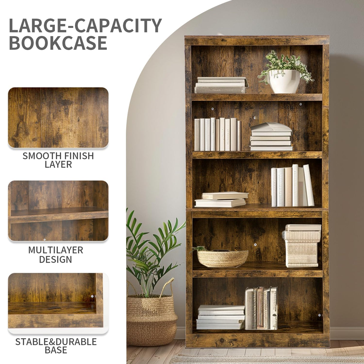 Contemporary 5-Tier Wooden Bookshelf by YRLLENSDAN for Stylish Storage Solutions YRLLENSDAN