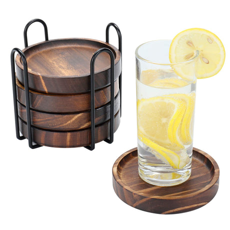 5Pcs Wooden Coasters for Drinks - Natural Wood Drink Coasters Set with Holder for Modern Home Decor,Coasters for Coffee Table Tabletop Protection for Any Table Type, Rustic Outdoor Coasters Yangbaga