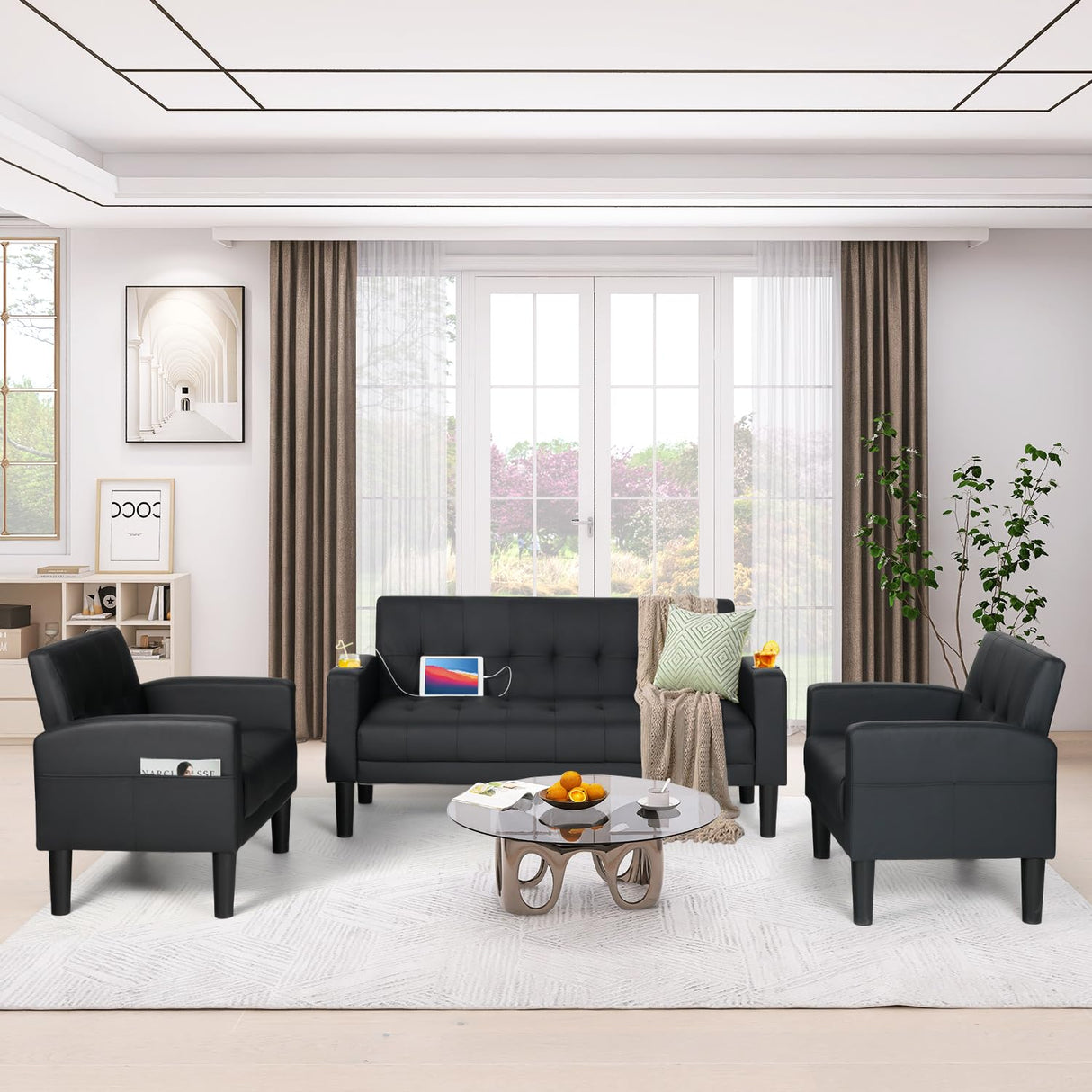 AILEEKISS 3 Piece Living Room Sofa Set Loveseat Sofas Sets with 2 USB,Cup Holders,Side Pocket, Modern Leather 3 Pcs Sectional Couches Set for Apartment, Office, Bedroom (Black, 2-Seat+1-Seat+1-Seat) AILEEKISS