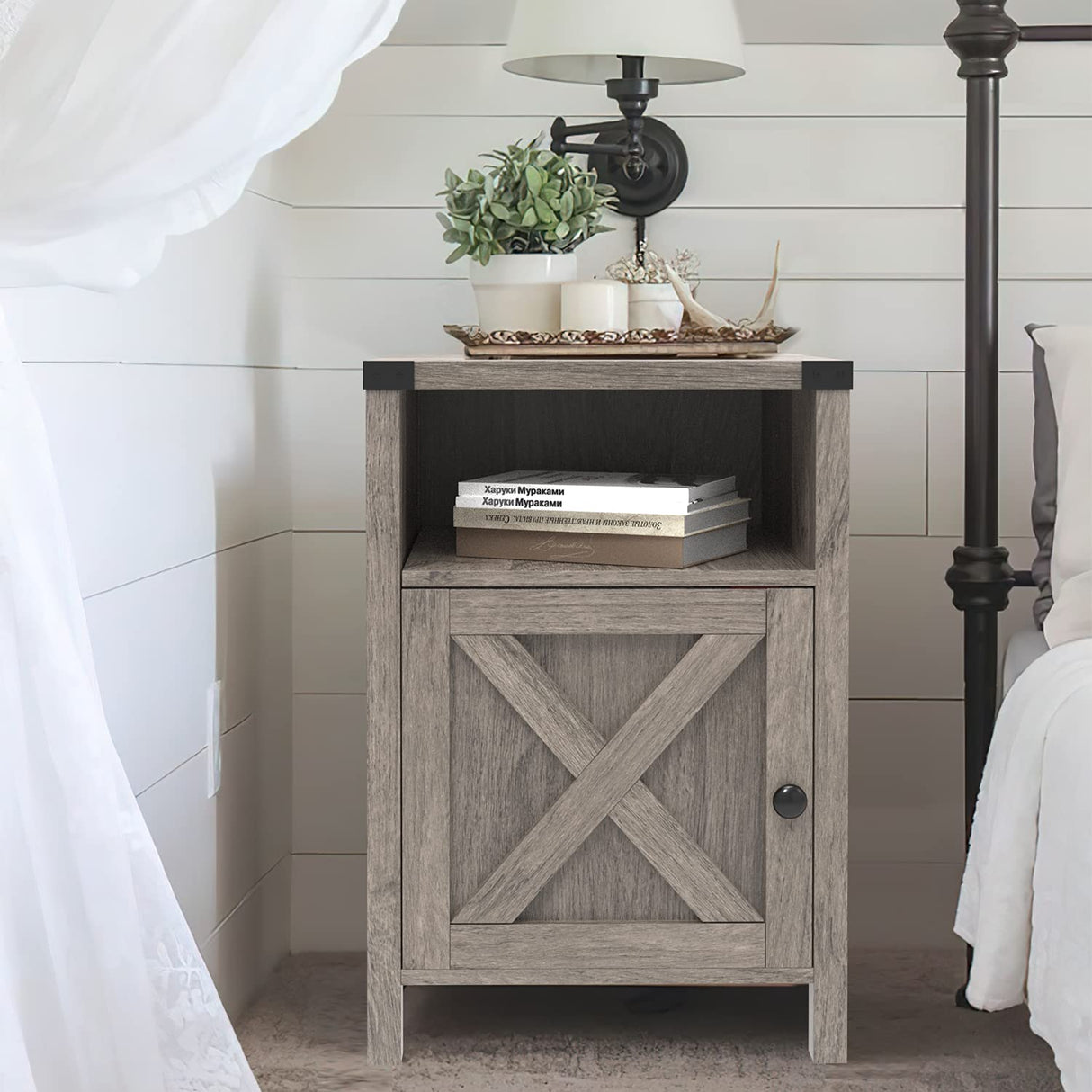 Farmhouse Nightstand, End Table, End Tables with Barn Door and Shelf, Modern Bed Side Table Rustic Gray Nightstands Set for Bedroom, Living Room, Set of 2, Gray Wash Catrimown