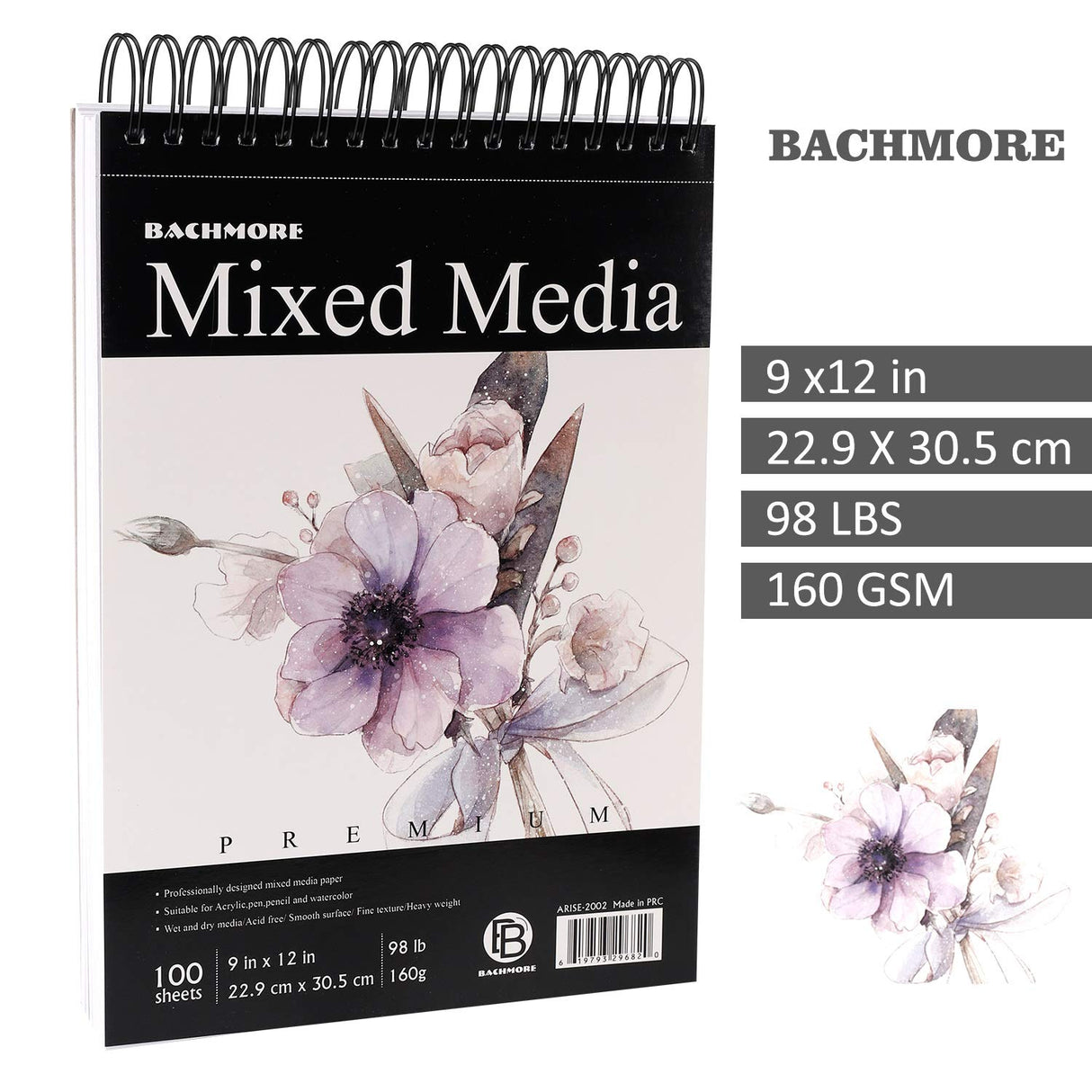 Bachmore Sketchpad 100 Sheet, Watercolor, Acrylic Art Pad for Sketching, Ink Sketch Book, Coloring Notebook - 98 Ib/160 g/m2 in Multi-Media Spiral Notebook, Drawing Paper, Drawing Pad (9'' X 12'') BACHMORE