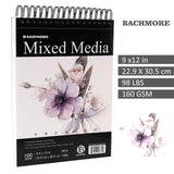 Bachmore Sketchpad 100 Sheet, Watercolor, Acrylic Art Pad for Sketching, Ink Sketch Book, Coloring Notebook - 98 Ib/160 g/m2 in Multi-Media Spiral Notebook, Drawing Paper, Drawing Pad (9'' X 12'') BACHMORE