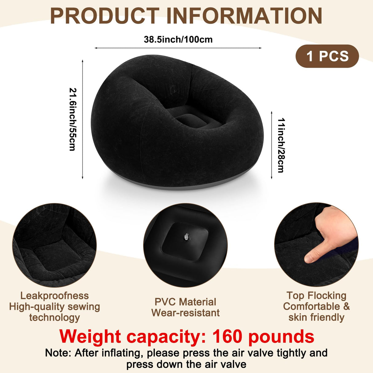 Realspring Inflatable Bean Bag Chairs for Adult Blow up Chairs Lazy Sofa Folding Portable Inflatable Chair for Movie Outdoor Room Bedroom Reading Camping(Black) Realspring