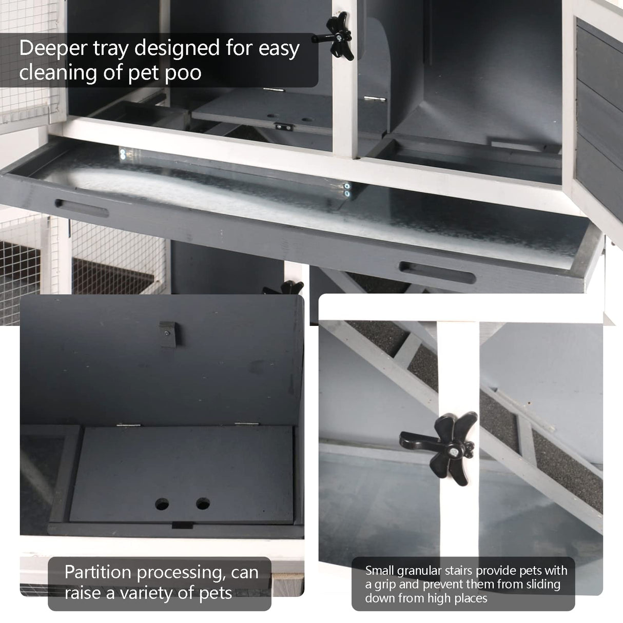 2 Story Solid Wood Rabbit/Bunny Hutch with 2 Large Main Rooms, Indoor Outdoor Rabbit House Guinea Pig Cage Pet House for Small Animals with Ventilation Door Removable Tray Waterproof Roof (Grey) AMZOSS