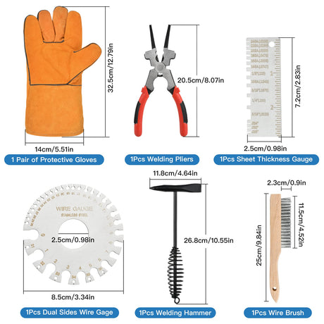 Worldity 6Pcs Welding Slag Removal Tool Set, 10 Inch Welding Chipping Hammer with Coil Spring Handle, Welding Pliers, Wire Brush, Metal Sheet Thickness Gauges and Welding Gloves for Removing Slag Worldity