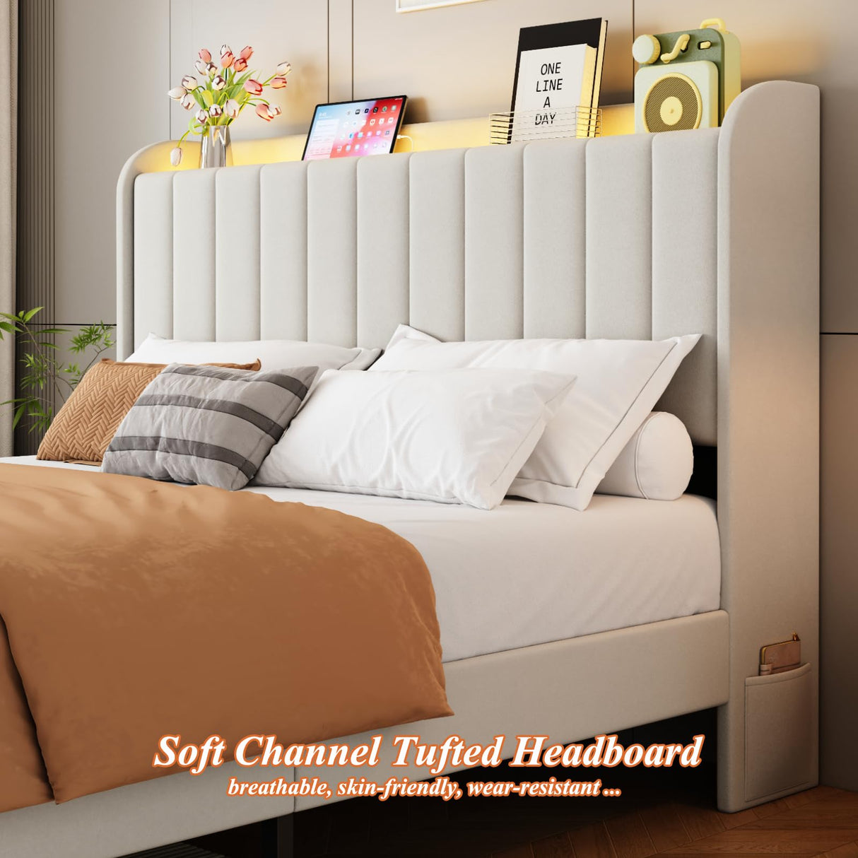 Queen Size Bed Frames with Storage Headboard and 2 Drawers, Upholstered Platform Bed Frame Queen with Led Lights and Handy Charging Station, No Box Spring Needed, Easy Assembly, Noise Free, Beige TIGUBFRE