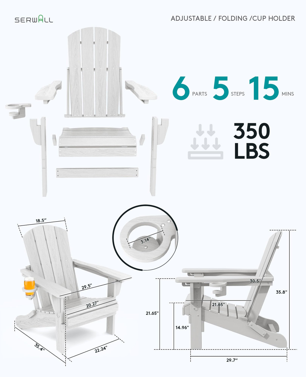 SERWALL Folding Adirondack Chair, Reclining Adirondack chair with Cup Holder, Adjustable Adirondack Chair with 3 Recline Positions, All Weather HDPE Outdoor Adirondack, White SERWALL