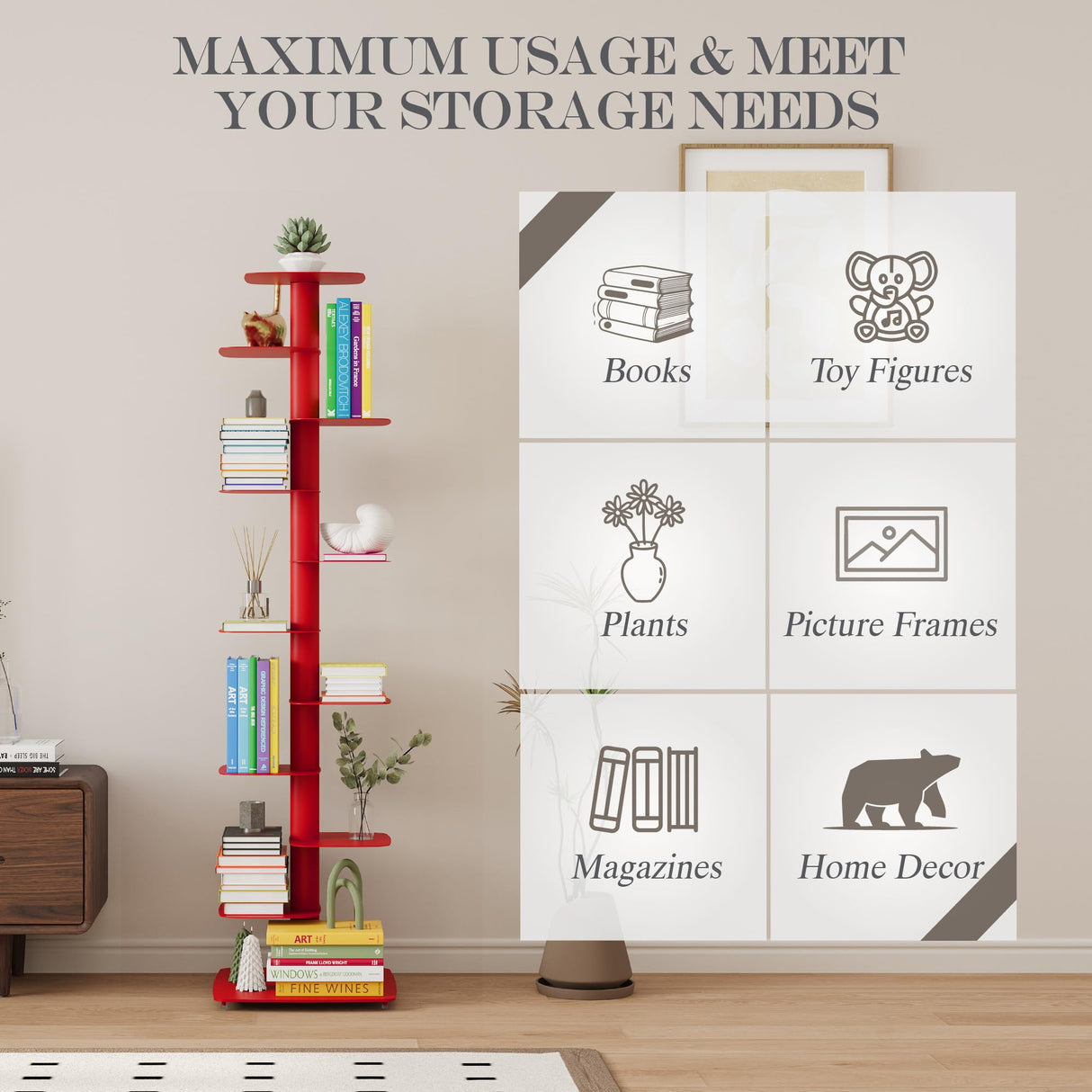 Suchtale Spine Bookshelf, Vertical Spine Book Tower, 11-Tier Metal Bookcase, Book Organizers Display Storage Rack for Study & Living Room, DIY Book Shelf for Decor, Red Suchtale