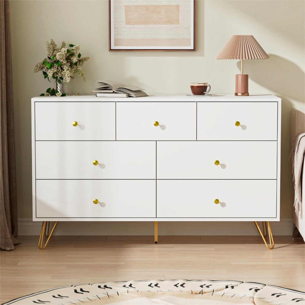Tradare 7 Drawer Dresser and Night Stand Sets for Bedroom, Two Drawers Nightstand Set of 2 & 7 Drawer Dresser with Gold Handle, Modern White and Gold Dresser Set Tradare