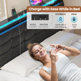 ADORNEVE Queen Bed Frame with Storage Headboard & 4 Drawers, LED Bed Frame Queen with Charging Station, Leather Upholstered Platform Bed Frame with Button Tufted, No Box Spring Needed, Black PU ADORNEVE