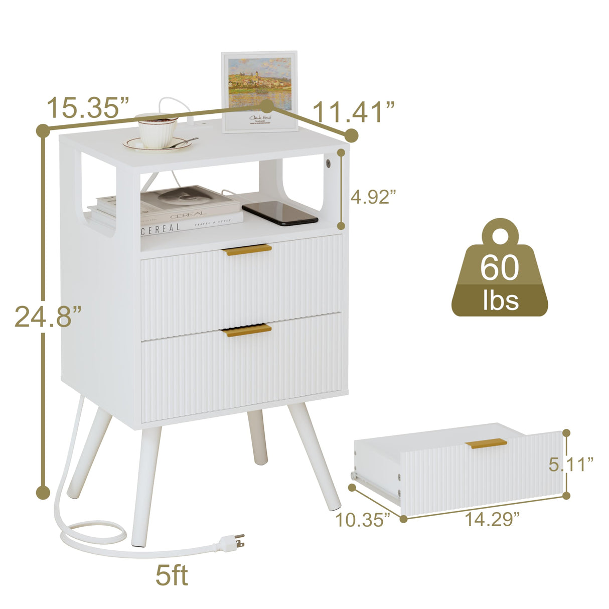 JOONEE White Nightstand with Charging Station and LED Lights,Modern Bedside Table with 2 Storage Drawer and Open Wood Shelf, for Bedroom and Small Spaces,Night Stand with Solid Wood Legs, White JOONEE