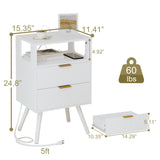 JOONEE White Nightstand with Charging Station and LED Lights,Modern Bedside Table with 2 Storage Drawer and Open Wood Shelf, for Bedroom and Small Spaces,Night Stand with Solid Wood Legs, White JOONEE