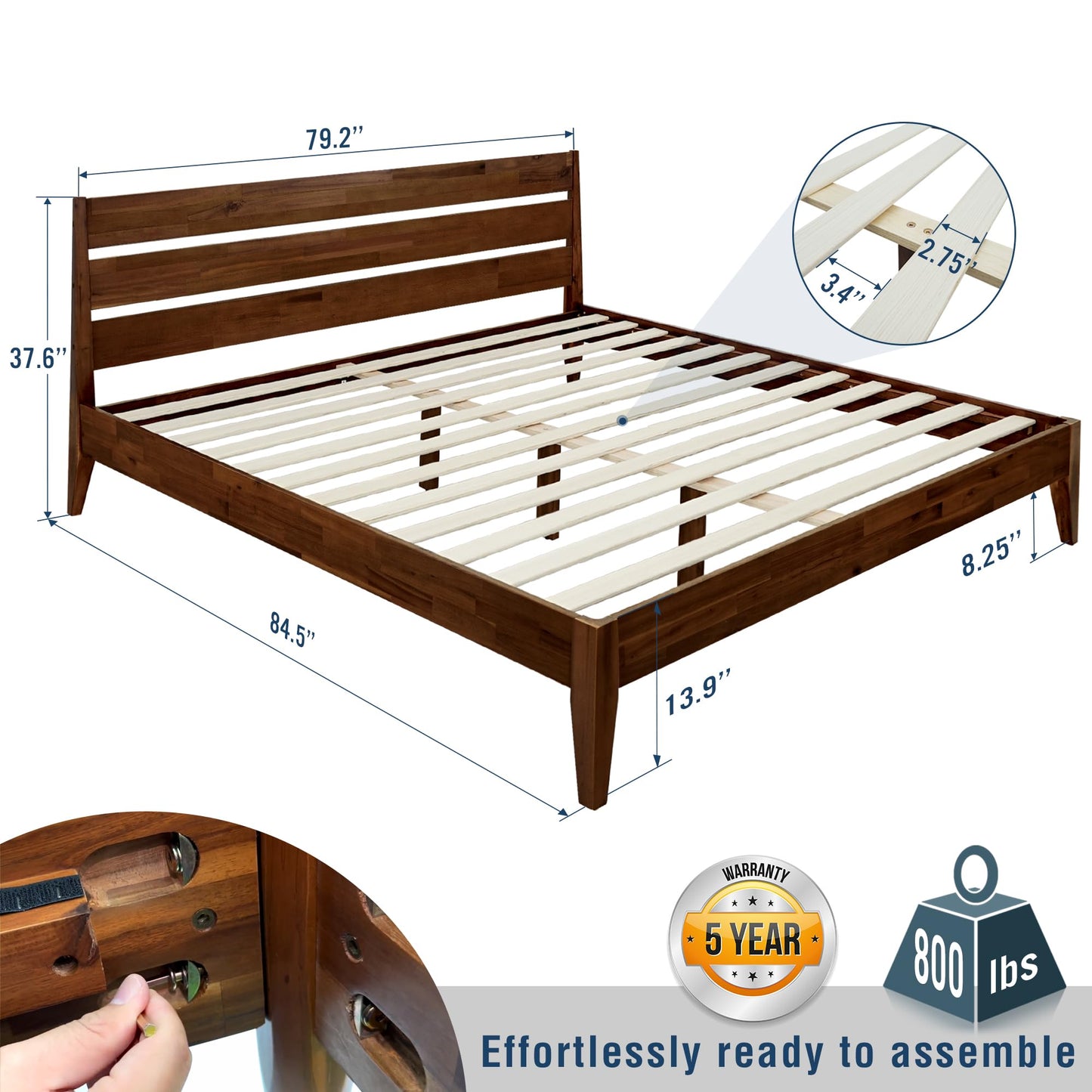 Acacia Emery Bed Frame with Headboard Solid Wood Platform Bed, King Size Bed Frame, Unique Design Contemporary Signature Wood Bed Compatible with All Mattresses, Non-Slip and Noise-Free, Chocolate