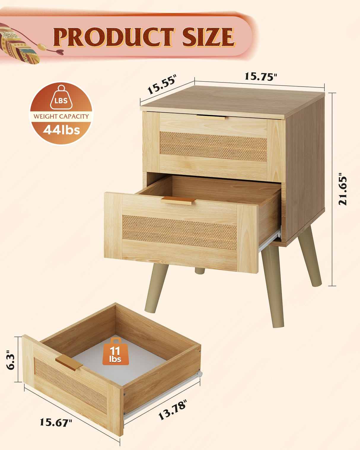 WLIVE Wood Nightstand Set of 2, Night Stand Sets with 2 Rattan Decor Drawers, End Tables with Solid Legs, Bed Side Table for Bedroom, Living Room, Natural Oak WLIVE