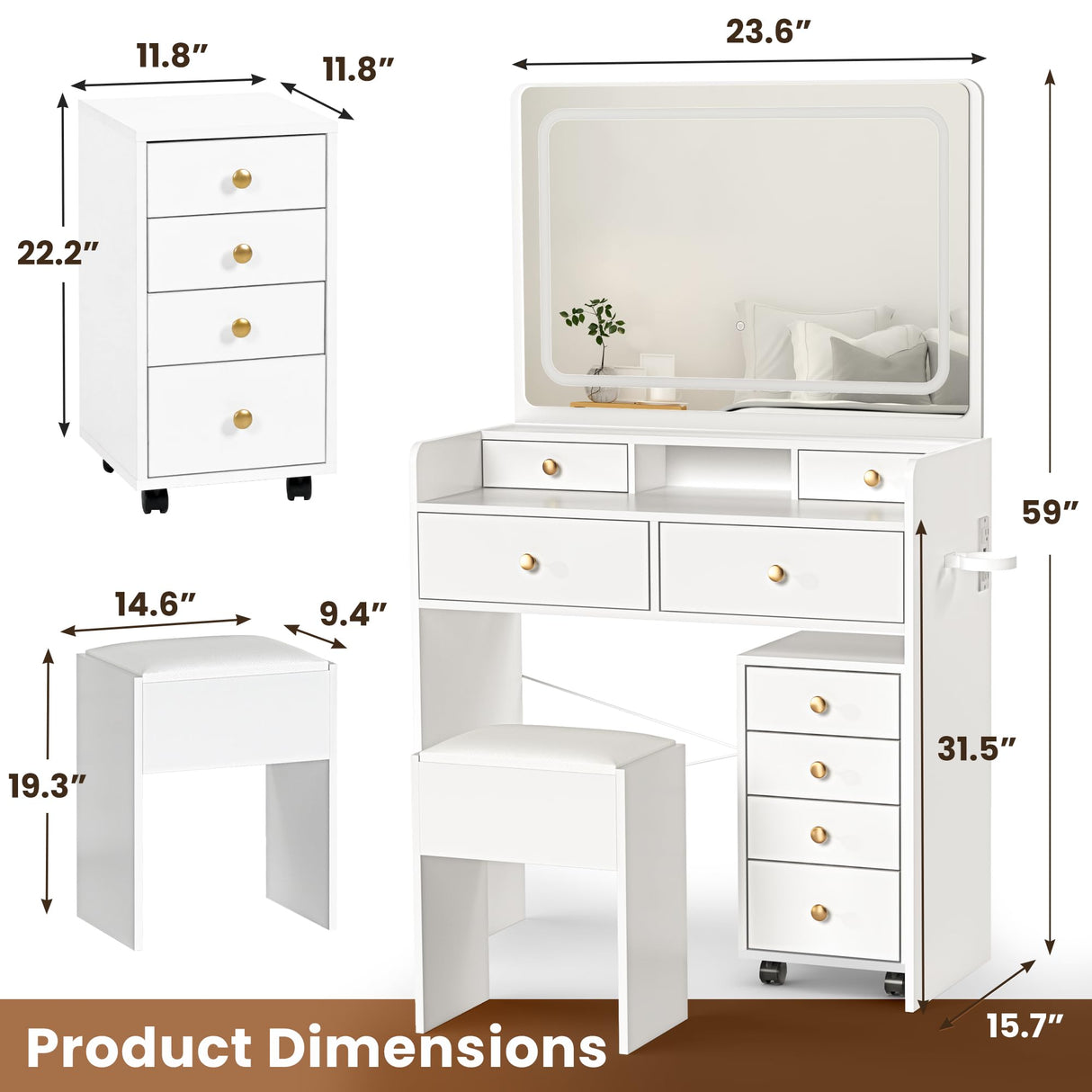 Pamapic Mobile File Cabinet Vanity Desk with Mirror and Lights, 8 Drawers Makeup Vanity Desk with Lights and Upgraded Silent Slides, 3 Lighting Modes Makeup Vanity with Charging Station, White Pamapic