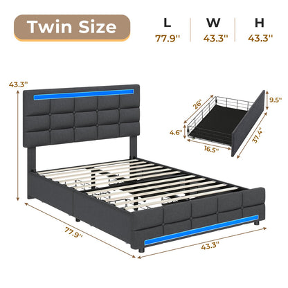 Upholstered Twin Bed Frame with LED Headboard and Storage Drawers - Dark Grey by ADORNEVE - WoodArtSupply