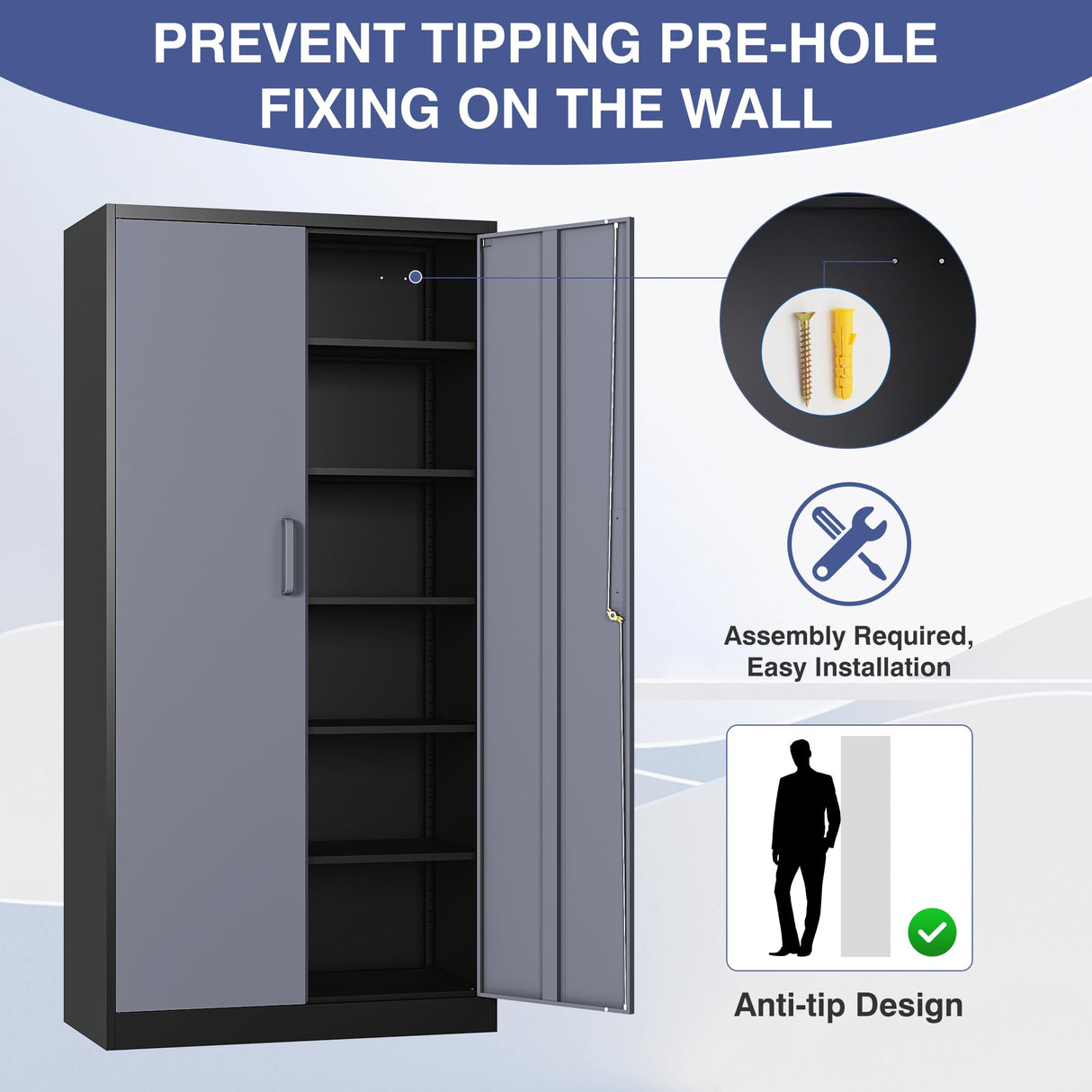 LISSIMO 72" Metal Locker Storage Cabinet,72" Tall Locking Cabinet with Doors and Adjustbale Shelves,File Cabinets for Basement,Garage,Home Office LISSIMO