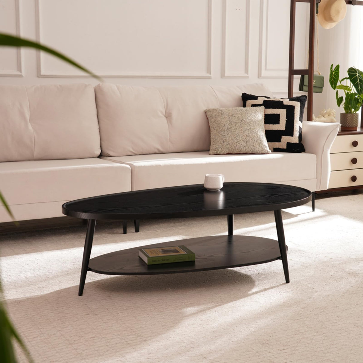 Shrine Black Oval Coffee Table, Mid-Century Modern Coffee Table, Black Walnut Wood Table for Living Room, D47''x W23.6''x H15'', Sleek Conical Metal Legs with Black Finish Shrine