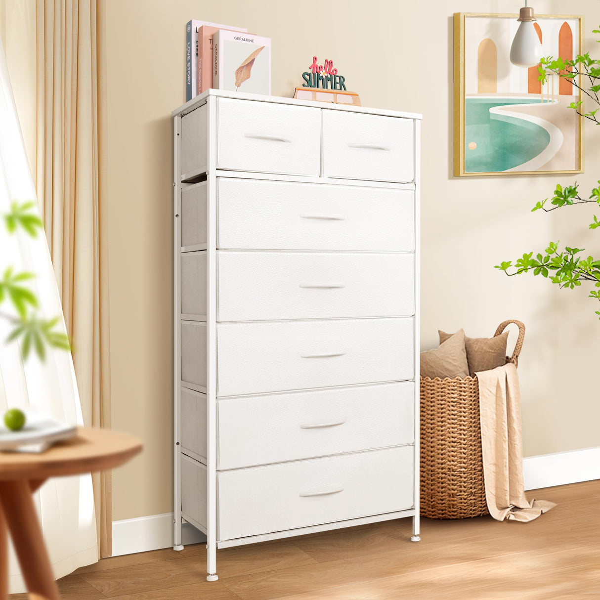 Mifuro Tall Dresser for Bedroom, Vertical Storage Organizer Tower with 7 Drawers, Chest of Drawers with Fabric Bins, Steel Frame, Wood Top for Bedroom, Closet, Entryway- White Mifuro