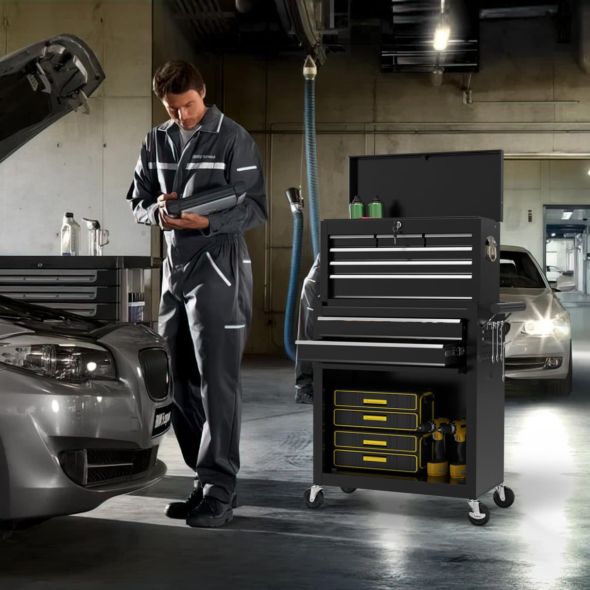 On Shine 8 Drawer Rolling Tool Chest, Large Capacity Rolling Tool Box With Wheels, Locking Mechanical Tool Chest, Portable Tool Box with Sliding Drawers,Metal Tool box for Garage Workshop (Black) On Shine