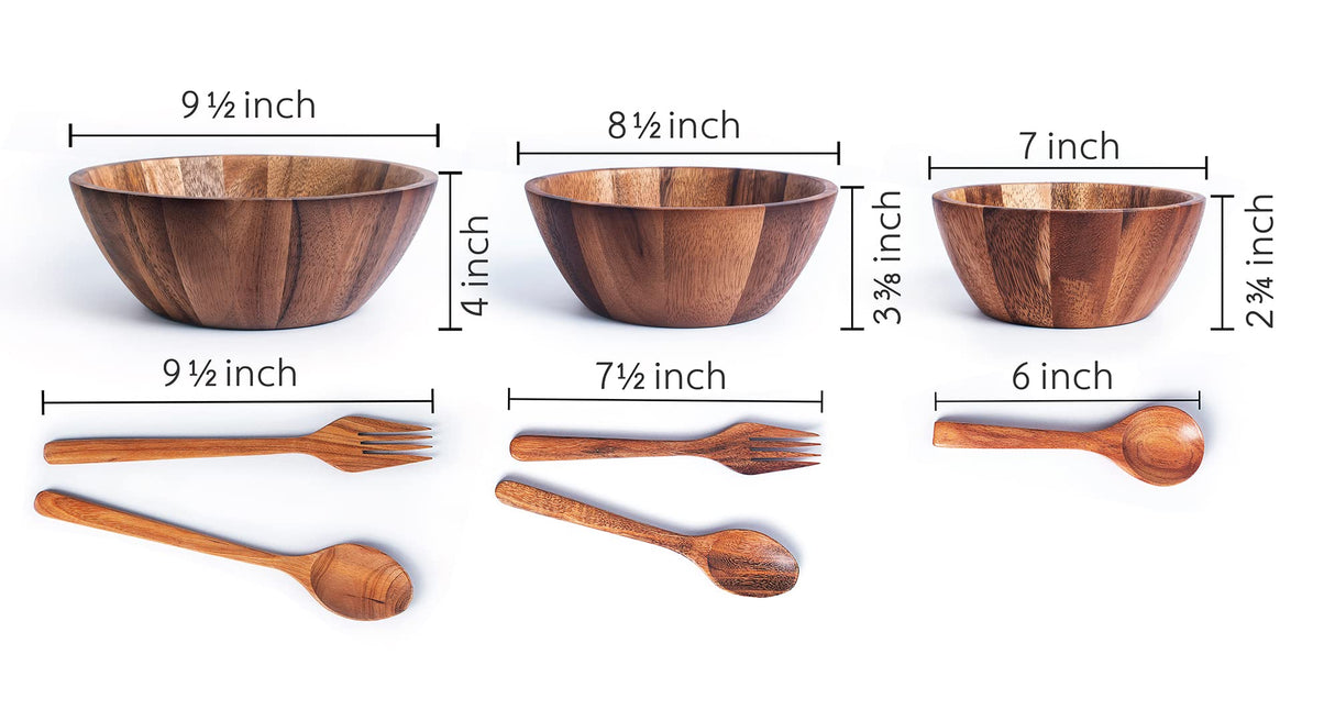 BestySuperStore Nesting Round Wood Bowls Mix Size 9½”, 8½”, 7” Stackable Acacia Wooden Bowl Set with Spoons and Forks for salad dip sauce snack rice pasta soup fruit cereal Tableware Nested Dish Sets BestySuperStore