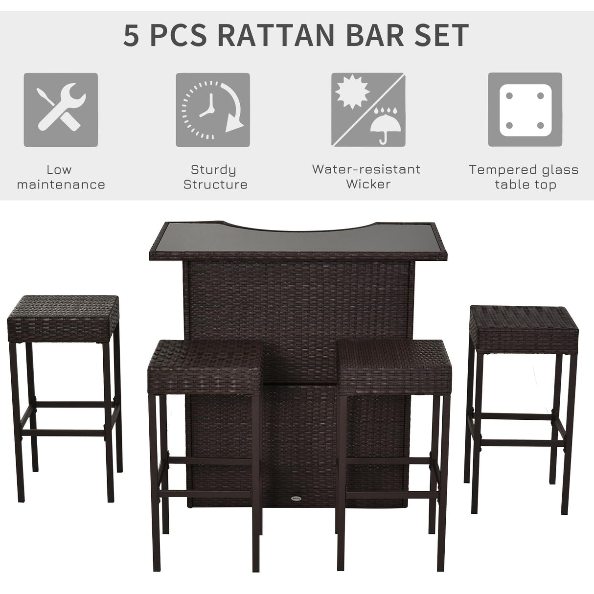 Outsunny 5 Pcs Rattan Wicker Bar Set, High Top Outdoor Table and Chairs, Bar Height Patio Set with Glass Table Top 2 Tier Storage Shelf, and 4 Bar Stools for Garden, Poolside, Gray Outsunny