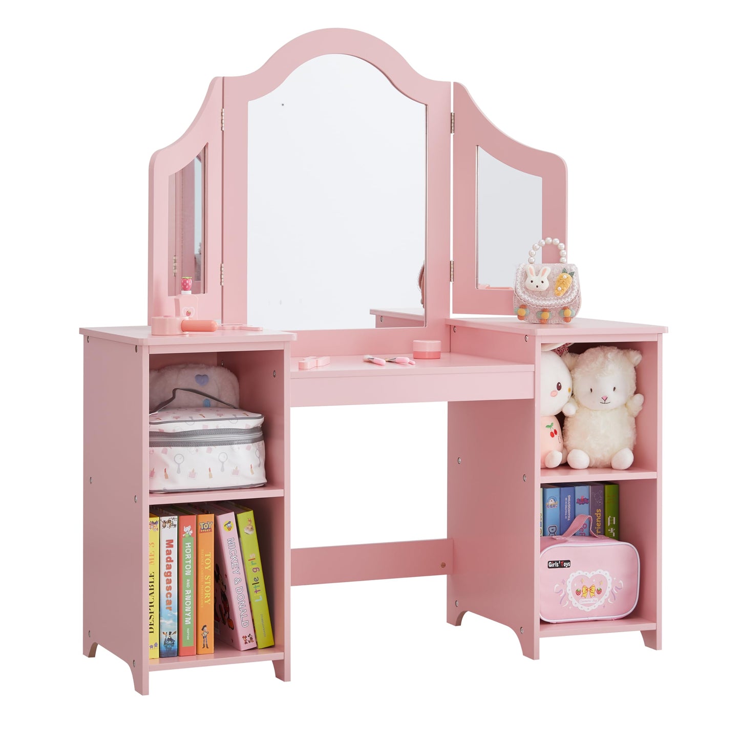 2 in 1 Kids Vanity, Princess Makeup Table with Open Storage Cabinet, Pretend Play Vanity with Detachable Tri-fold Mirror for Little Girls Age 3-9 (Pink)