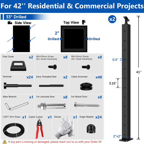 Zylorix 42" 2ft-8ft T304 Stainless Steel Cable Railing Post Kit(Flexible DIY 1+1) - 2Pack 33° Drilled Posts, Sufficient 118ft 1/8" Cable, Terminals, and Grommets with Cutter(No Handrail) for Decks Zylorix