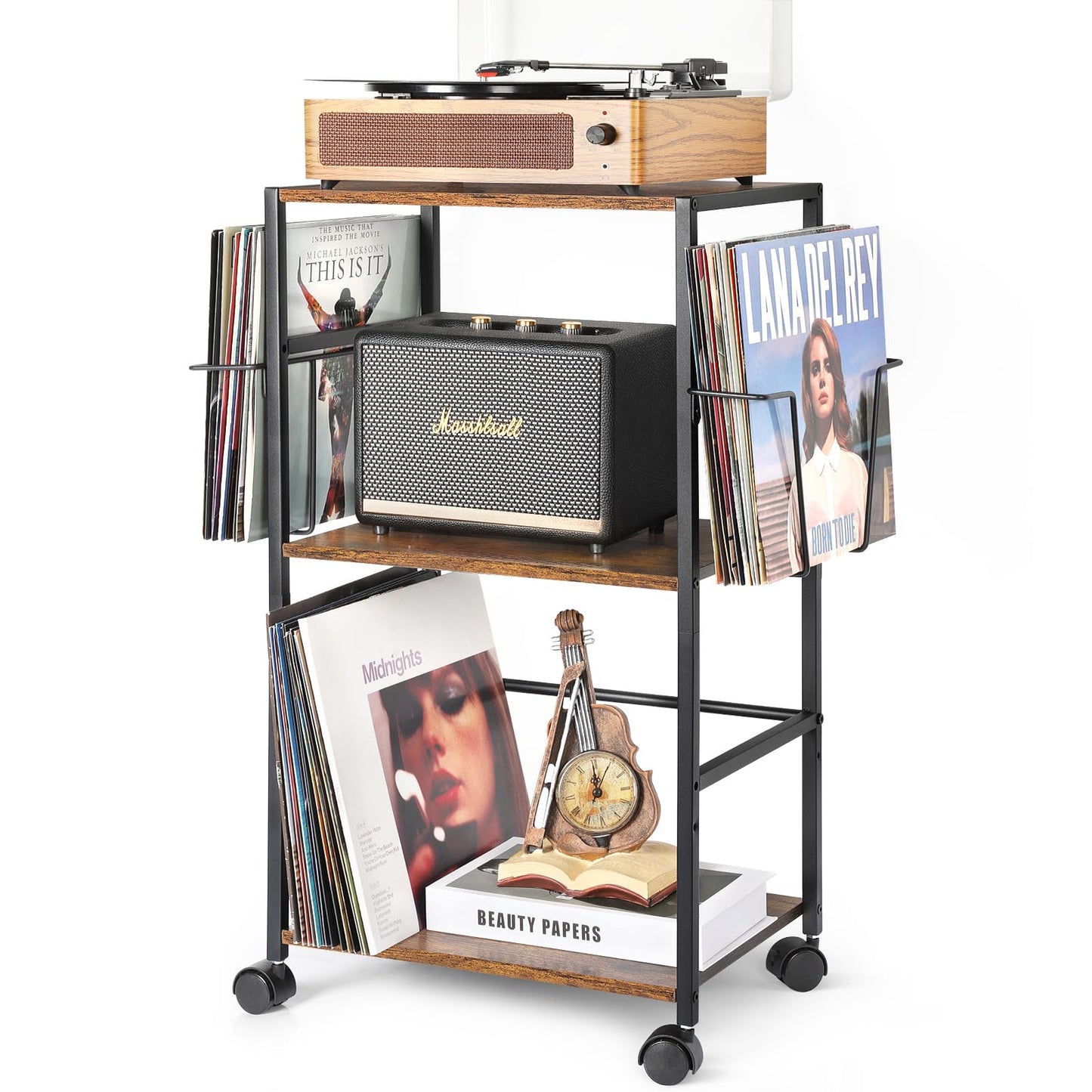 Record Player Stand, Side Table with Vinyl Record Storage Vinyl Wall Mount Record Player Table Up to 150 Albums Record Holder for Vinyl Storage, Turntable Stand with Vinyl Display Record Wall Display