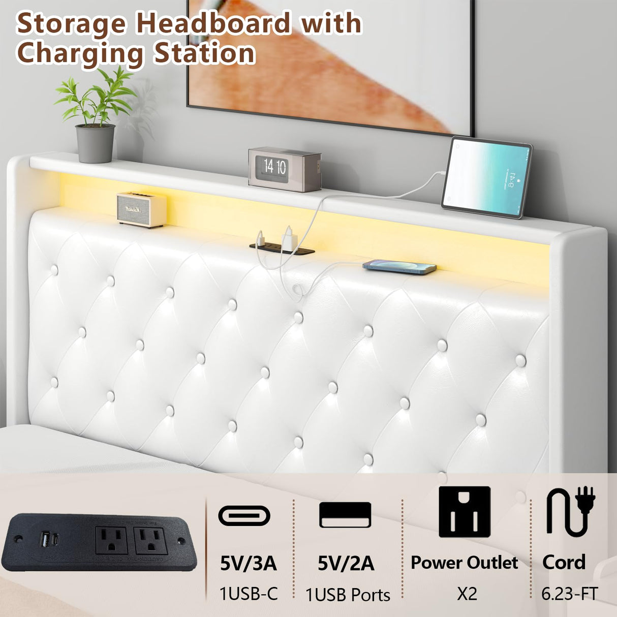 Loomie Queen Hydraulic Lift Bed Frame with LED Lights & Charging Station, White Leather Upholstered Wingback Design Loomie