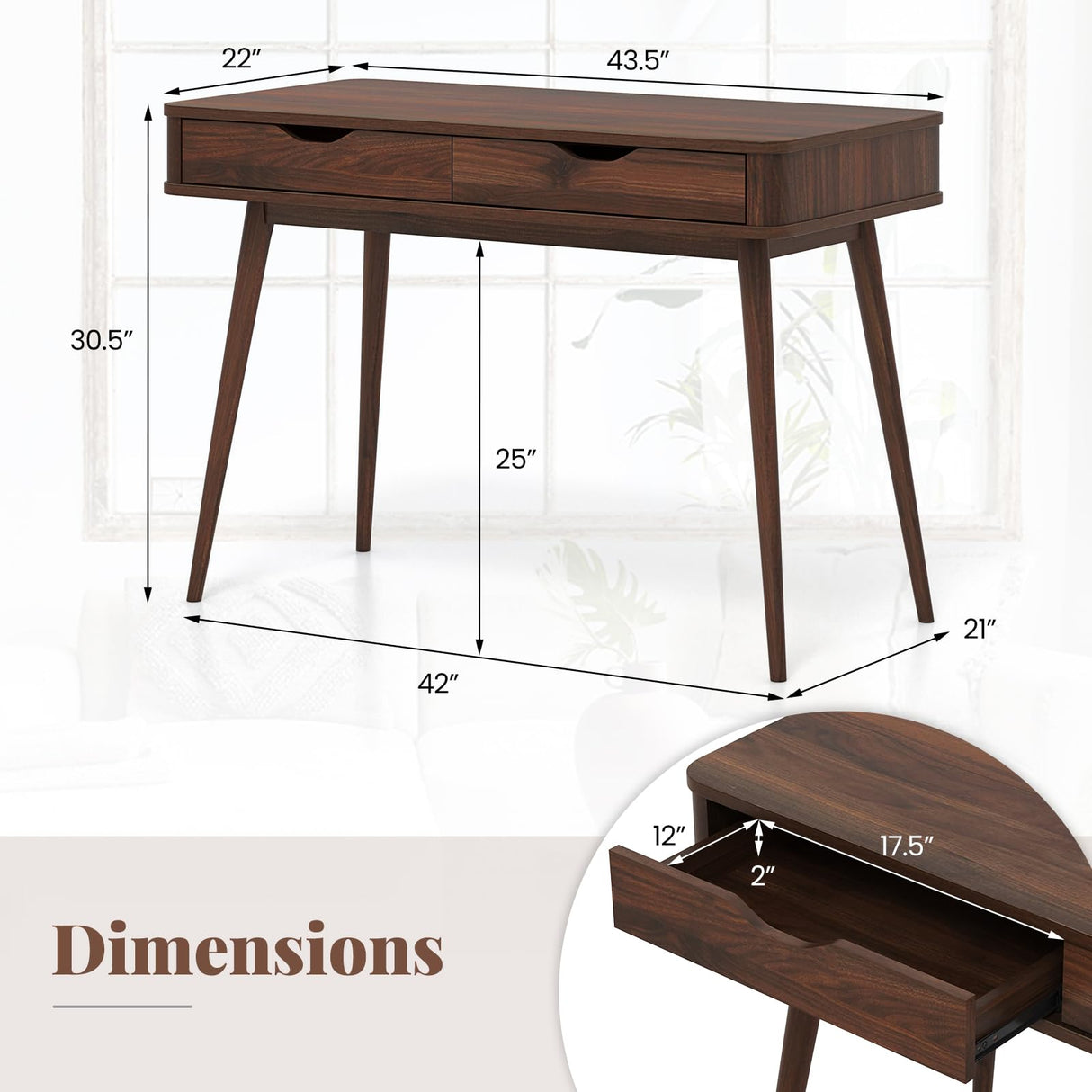 Giantex Mid-Century Desk with 2 Drawers, 43.5" Writing Study Desk with Solid Rubber Wood Legs, Home Office Computer Workstation PC Laptop Desk, Modern Makeup Vanity Table for Bedroom (Walnut) Giantex