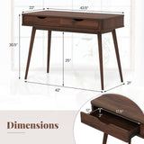 Giantex Mid-Century Desk with 2 Drawers, 43.5" Writing Study Desk with Solid Rubber Wood Legs, Home Office Computer Workstation PC Laptop Desk, Modern Makeup Vanity Table for Bedroom (Walnut) Giantex