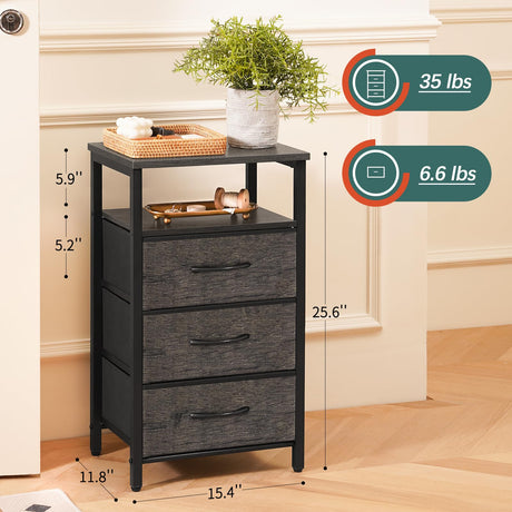 Yoobure Night Stand with Charging Station, 20 Colors LED Nightstand with USB Ports and Outlets, End Table with 3 Fabric Drawers and Storage Shelf, Bedside Tables Small Dresser for Small Space, Gray Yoobure
