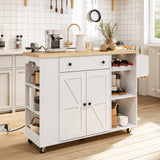 HOOBRO Kitchen Island with Power Outlet, Rolling Kitchen Island on Wheels, White Kitchen Cart with Door Cabinet, Island Table with Storage, Wine Rack and Spice Rack, White and Natural WN16UZD01 HOOBRO