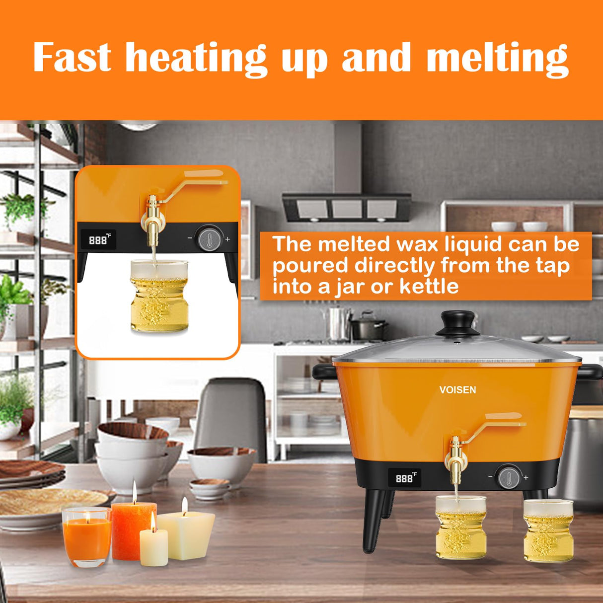 VOISEN Wax Melter for Candle Making, 8Qts Candle Wax Melting Pot with Spout for Soy Wax Soap Base, Electric Wax Melter for Candle Making with Temp Control, Easy Pour,Non-Stick(Orange) VOISEN