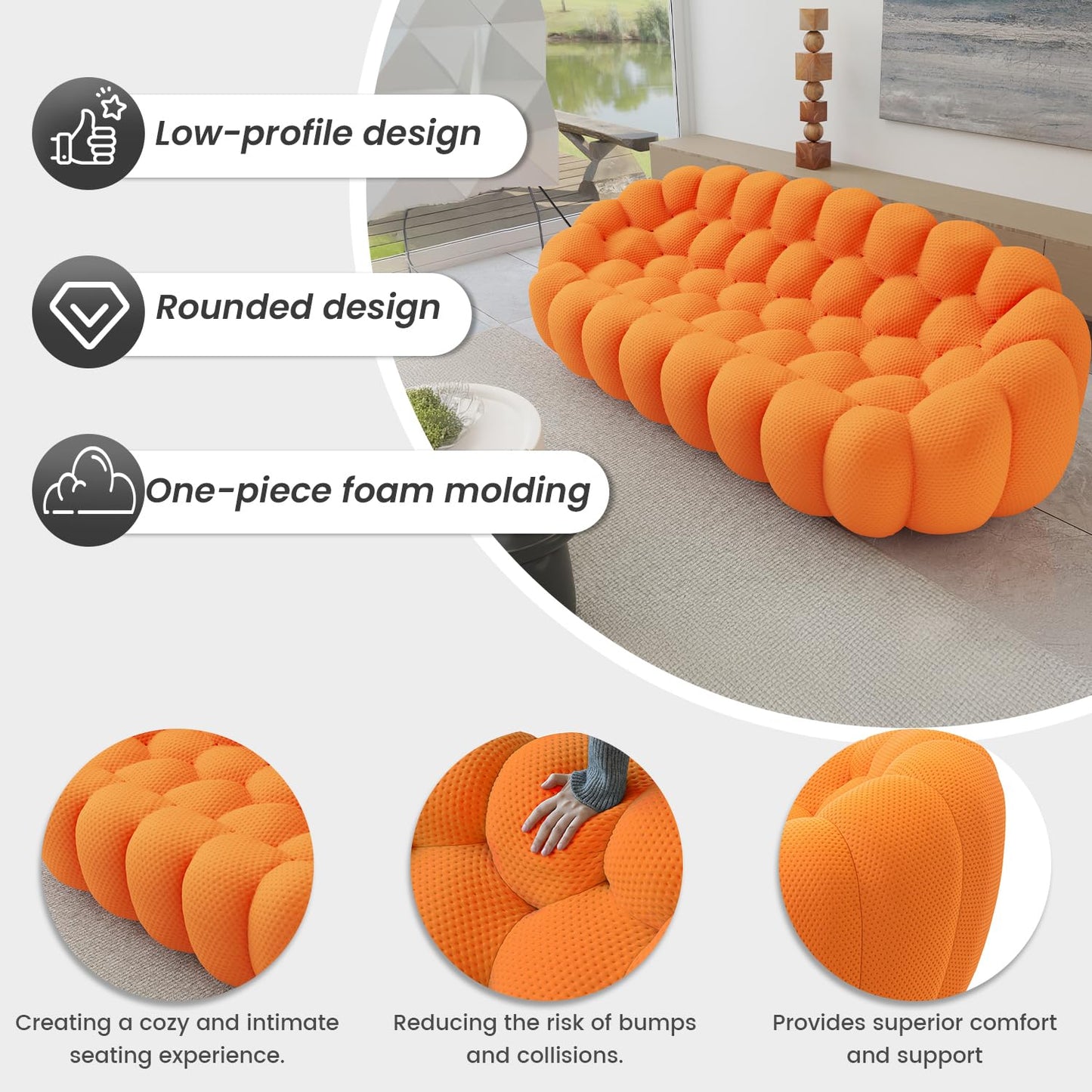 WJShome Bubble Loveseat Sofa,78.74'' Modern Upholstered Sofa, 2 Seater Mesh Fabric Love Seat Floor Sofa, 3D Honeycomb Shape Curved Couch for Living Room, Office, Apartment (Orange)