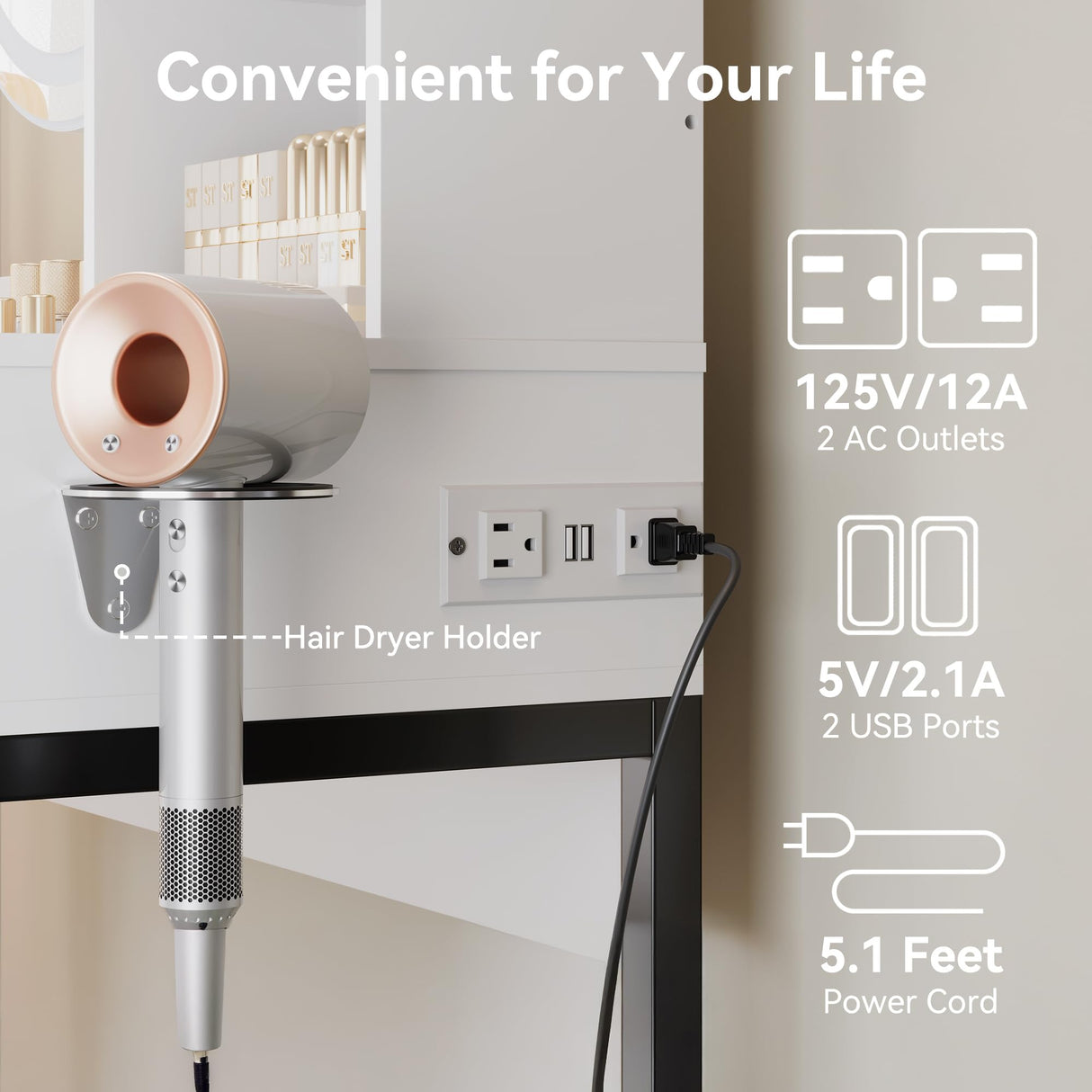 Dowinx Vanity Desk with LED Lighted Mirror & Power Outlet, White Vanity Desk with Adjustable 3 Lighting Modes, Small Vanity Desk for Bedroom, Makeup Vanity with Chair for Girl, White and Black Dowinx