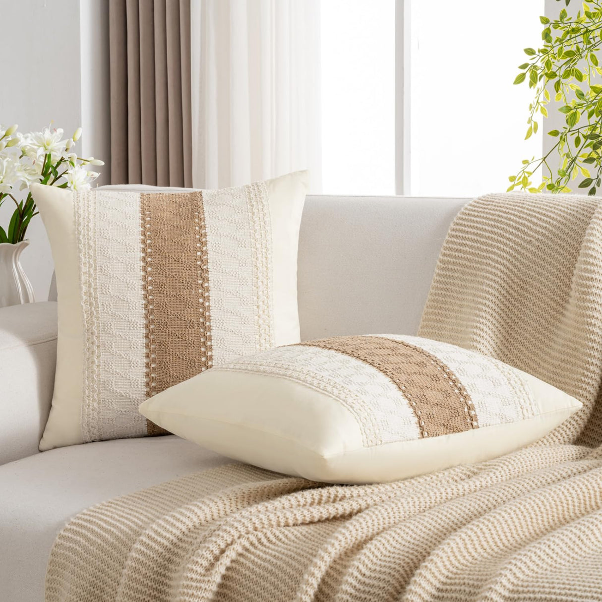 DBoer Brown Boho Cotton Throw Pillow Covers 18x18 Inch Rustic Farmhouse Decorative Pillowcases Retro Macrame Woven Square Cushion Cases for Sofa Couch Bed Living Room Home Decor Set of 2 DBoer