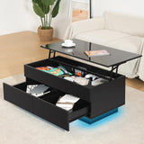 HOMMPA Lift Top Coffee Table with Hidden Storage LED Coffee Table Morden High Gloss Black Living Room 3 Tiers Modern Tea Table with Storage Center Tables Hidden Compartment & 2 Drawers HOMMPA