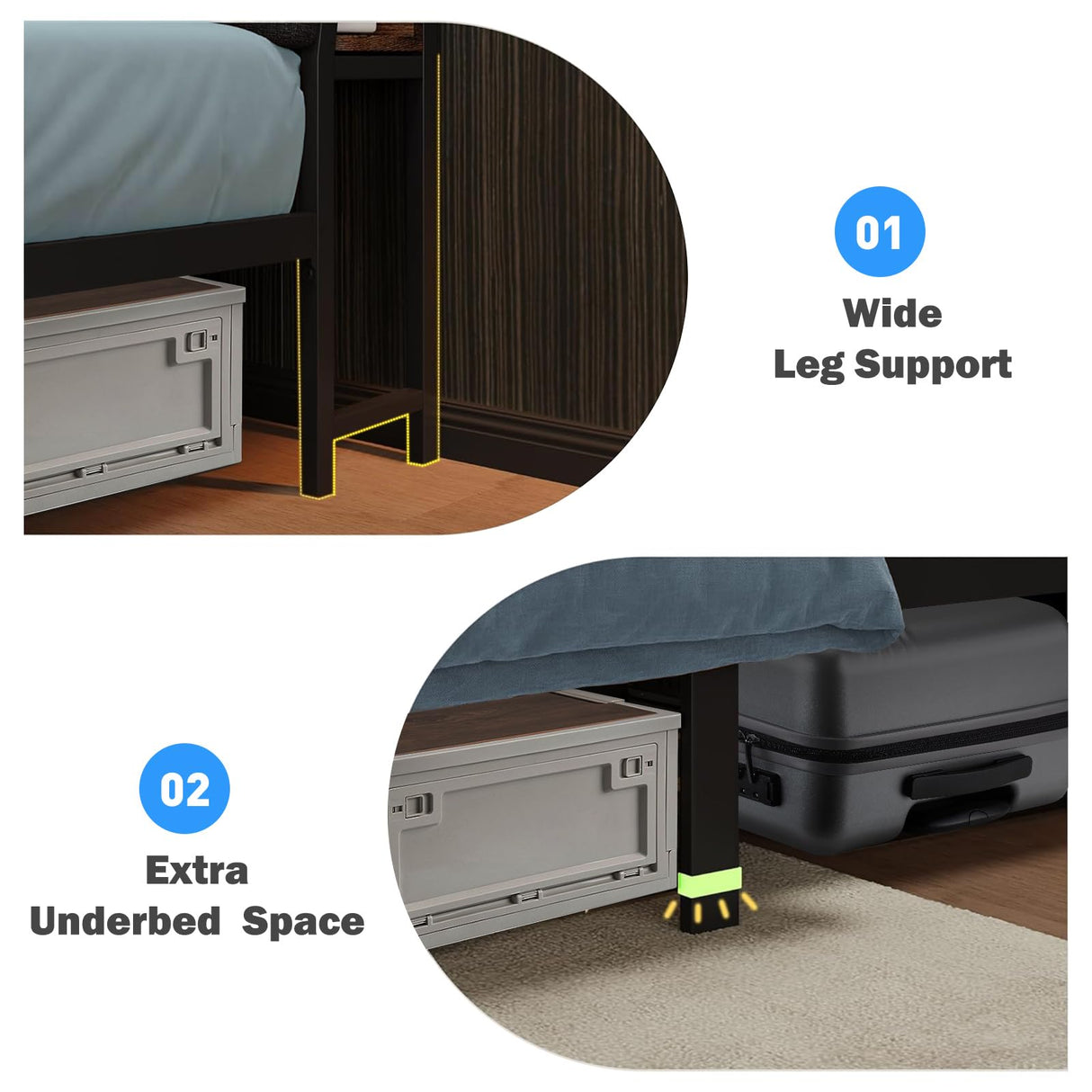 Full Size Bed Frame with Headboard Storage LED Bed with Sliding Drawers and Charging Station, No Box Spring Needed, Thickened Metal Slats, Easy Assembly Yeeloon