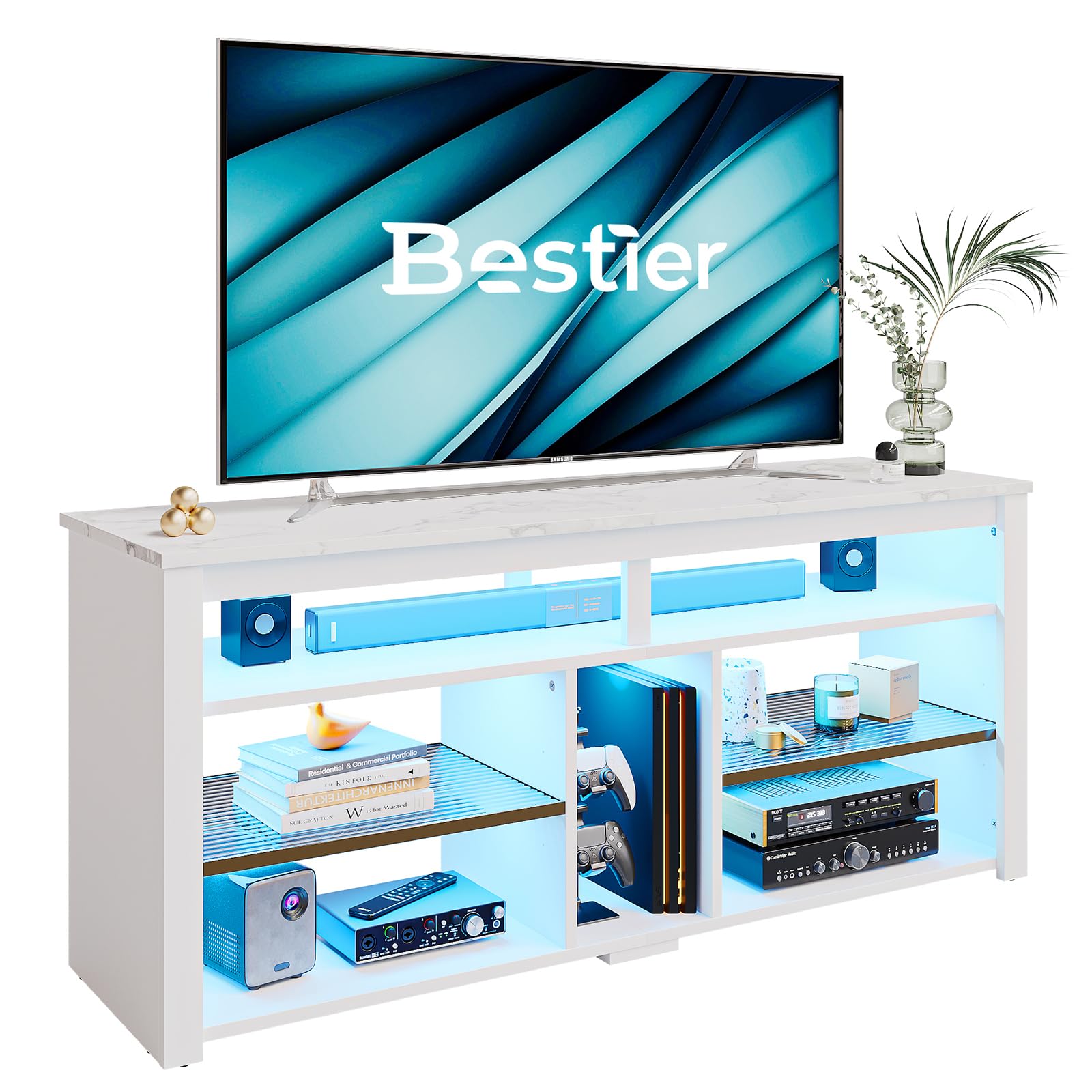 Bestier LED Tall Entertainment Center, 55 inch TV Stand for 55/60/65 inch TV, TV Console with Storage for PS5, Media TV Cabinet with Adjustable Shelf for Living Room, White Marble - WoodArtSupply