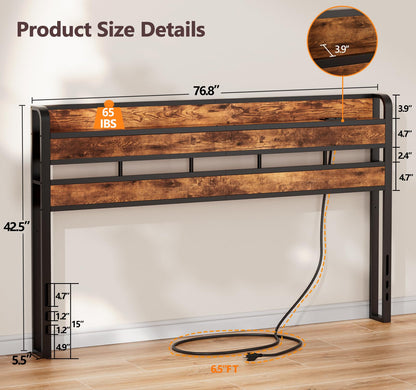 Furnulem Rustic Brown King Headboard with RGB LED, USB Charging Station, and Storage Shelf - WoodArtSupply