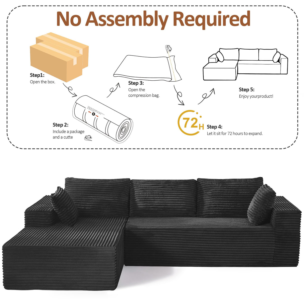 WUTUTUEE 110" Boneless Sectional Couch with Chaise Lounge, Cloud Couch Compressed Sofa L Shape, No Assembly Memory Foam Sofa for Living Room, Black Corduroy WUTUTUEE
