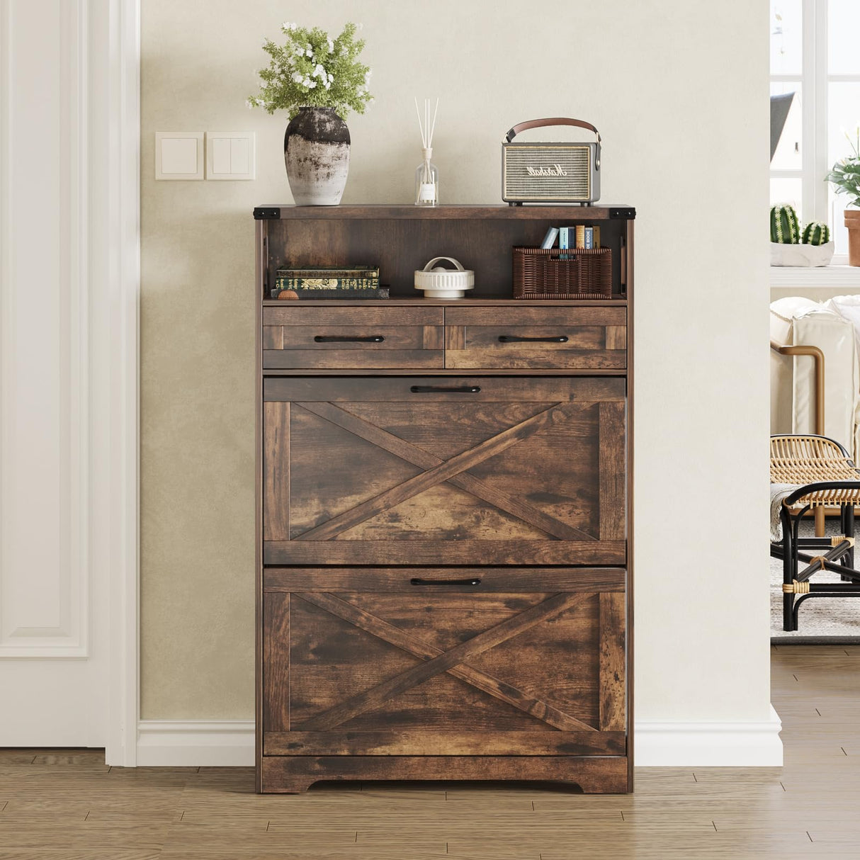 Maupvit Shoe Storage Cabinet, Farmhouse Shoe Cabinet with 2 Flip Drawers & 2 Drawers, Entryway Shoe Storage Cabinet with Doors, Narrow Shoe Cabinet for Front Door Entrance, Rustic Brown Maupvit