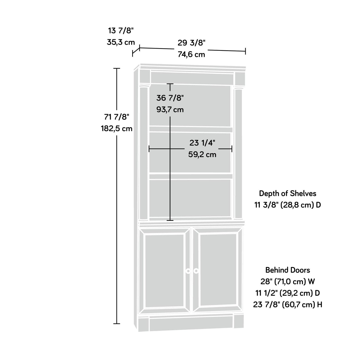 Sauder Palladia Library with Doors/Book Shelf, L: 29.37" x W: 13.90" x H: 71.85", Wind Oak finish - WoodArtSupply