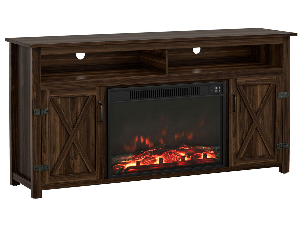 YESHOMY Fireplace TV Stand for Television up to 65+ Inch with Storage and Farmhouse Barn Doors, Entertainment Center with Cabinet and Shelves, Media Console for Living Room, Walnut YESHOMY