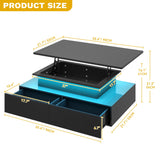 DWVO LED Lift Top Coffee Tables for Living Room, Rectangular Coffee Table with 4 Spacious Drawers, Modern Center Table with Lifting Top for Home Decor, Black DWVO