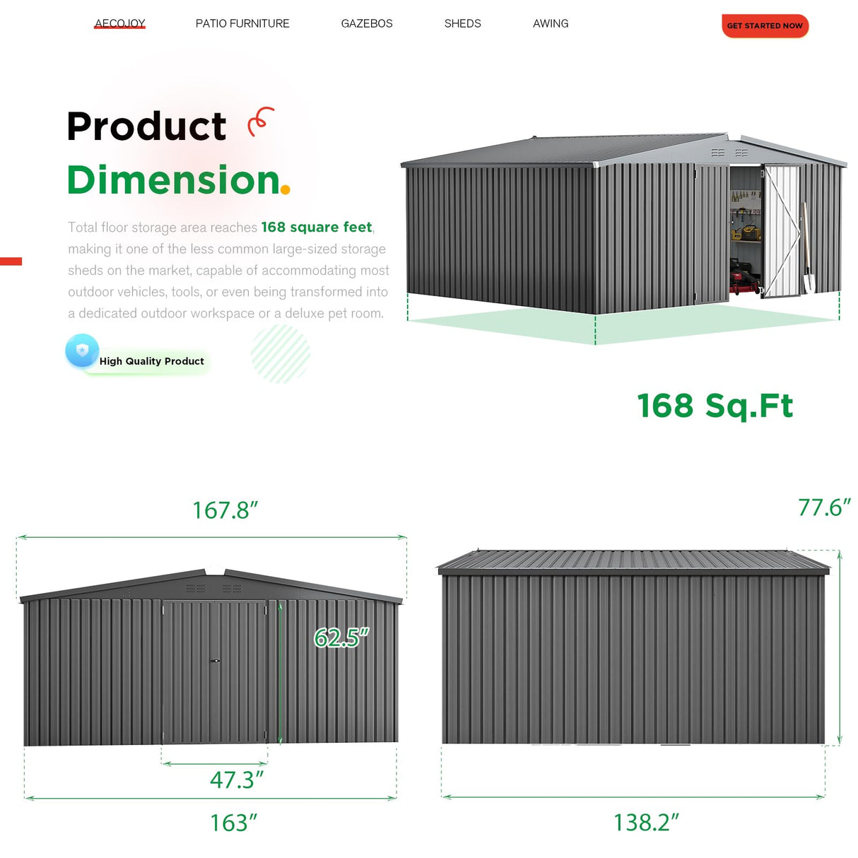 AECOJOY Shed 14' x 12' Storage Shed, Outdoor Metal Storage Sheds & Outdoor Storage 12x14 with Lockable Doors, Large Steel Yard Shed, Utility Tool Storage for Garden, Patio, Outside use in Dark Grey AECOJOY