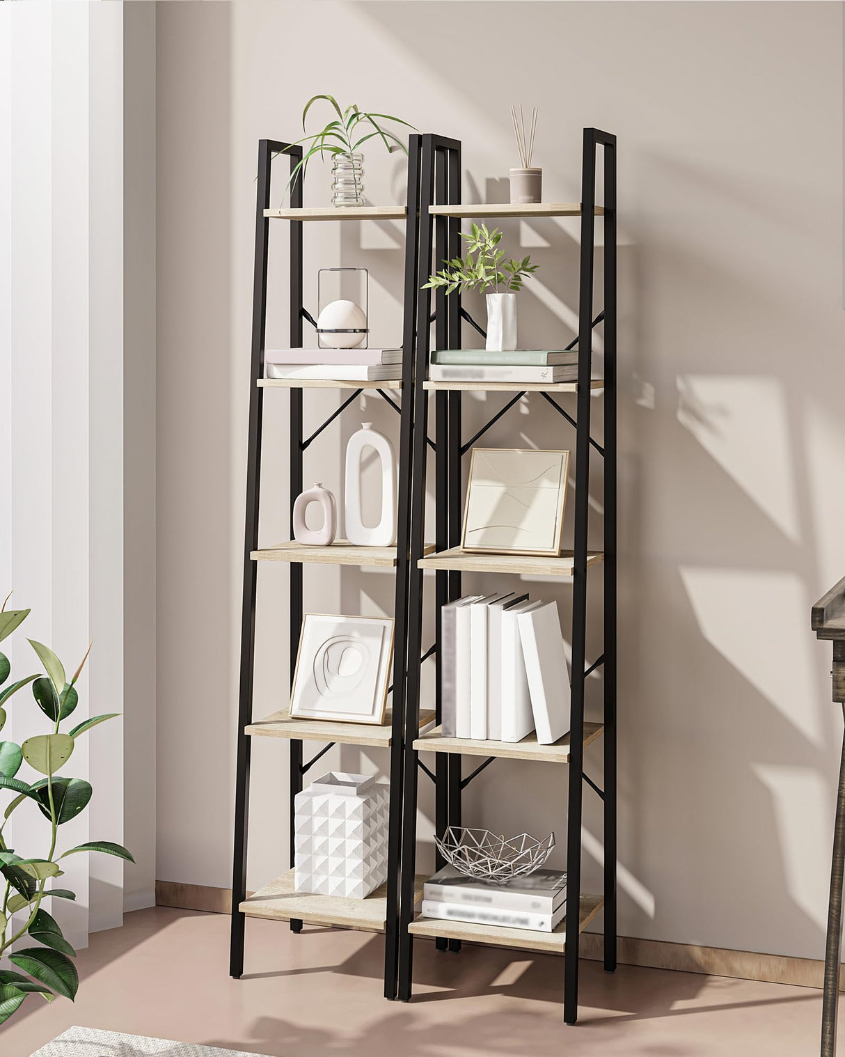 Hzuaneri Ladder Shelf, Bookshelf Bookcase, Freestanding Corner Storage Shelve with 2 Hooks for Home Office, Living Room, Kitchen, Bedroom, Industrial, 5-Tier Greige BC03205B Hzuaneri